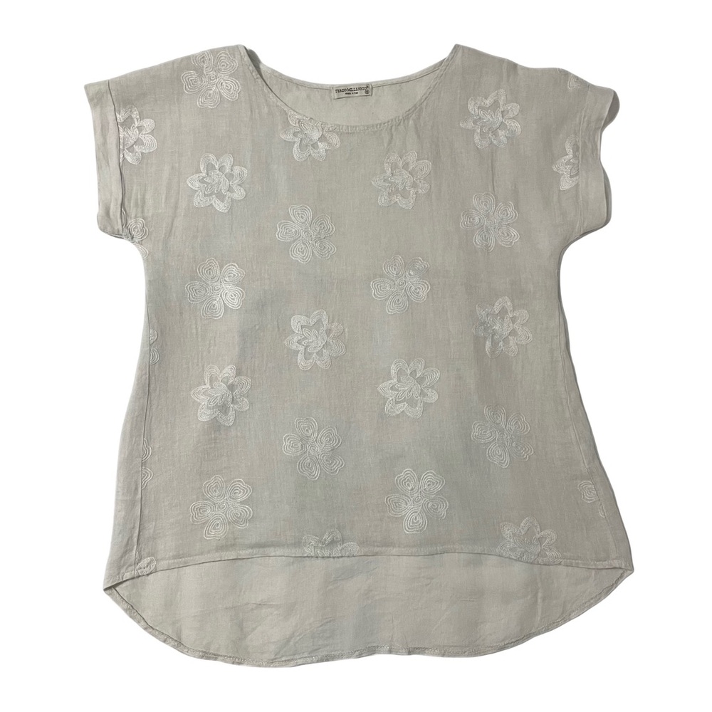 Terzo Millennio 100% Linen Beige Embroidered Short Sleeve Tunic Shirt Blouse